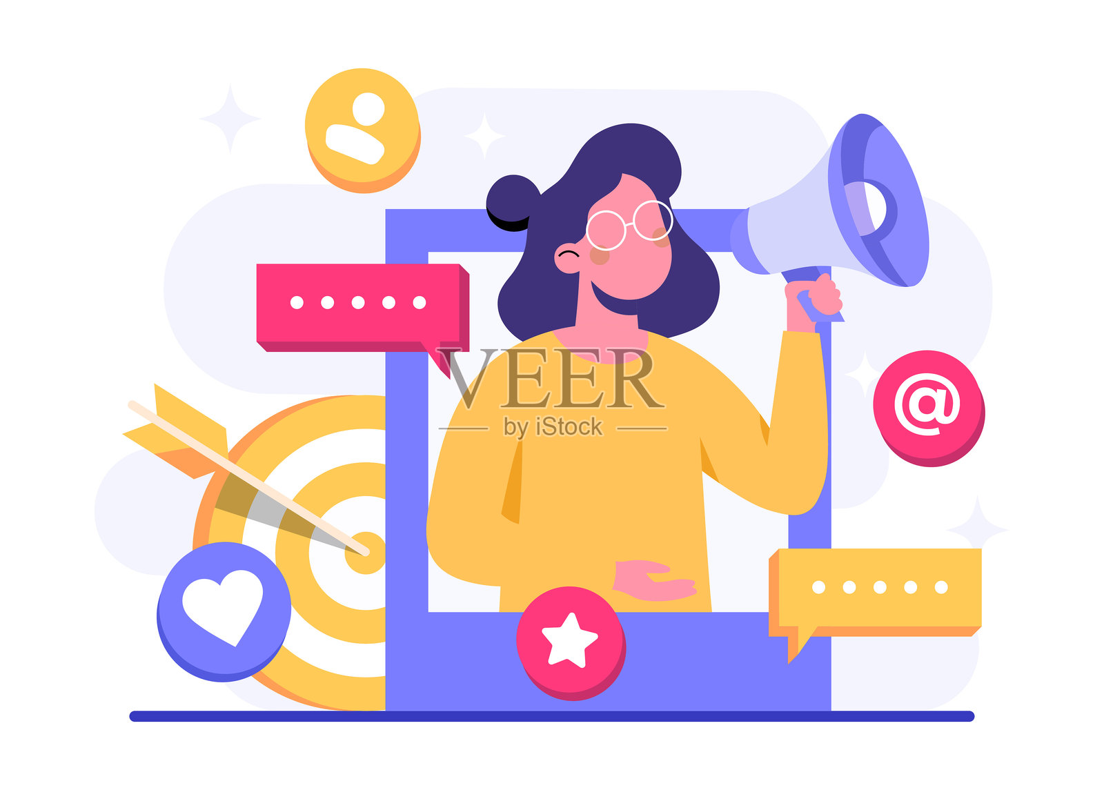 数字营销概念扁平矢量插图，商业内容策略，影响力营销，社交媒体活动，推广，电子商务，营销机构，吸引新客户插画图片素材