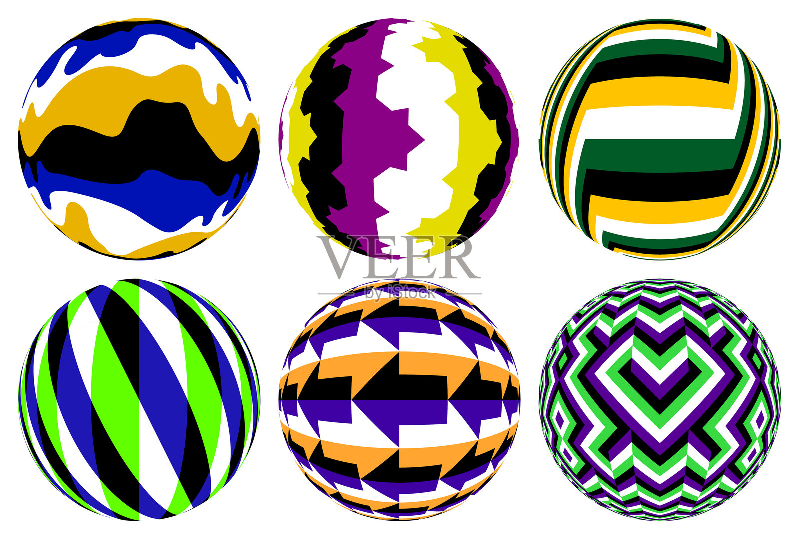 彩色图案球的矢量集合用于设计。平面球体呈现出视觉错觉，仿佛在移动。插画图片素材