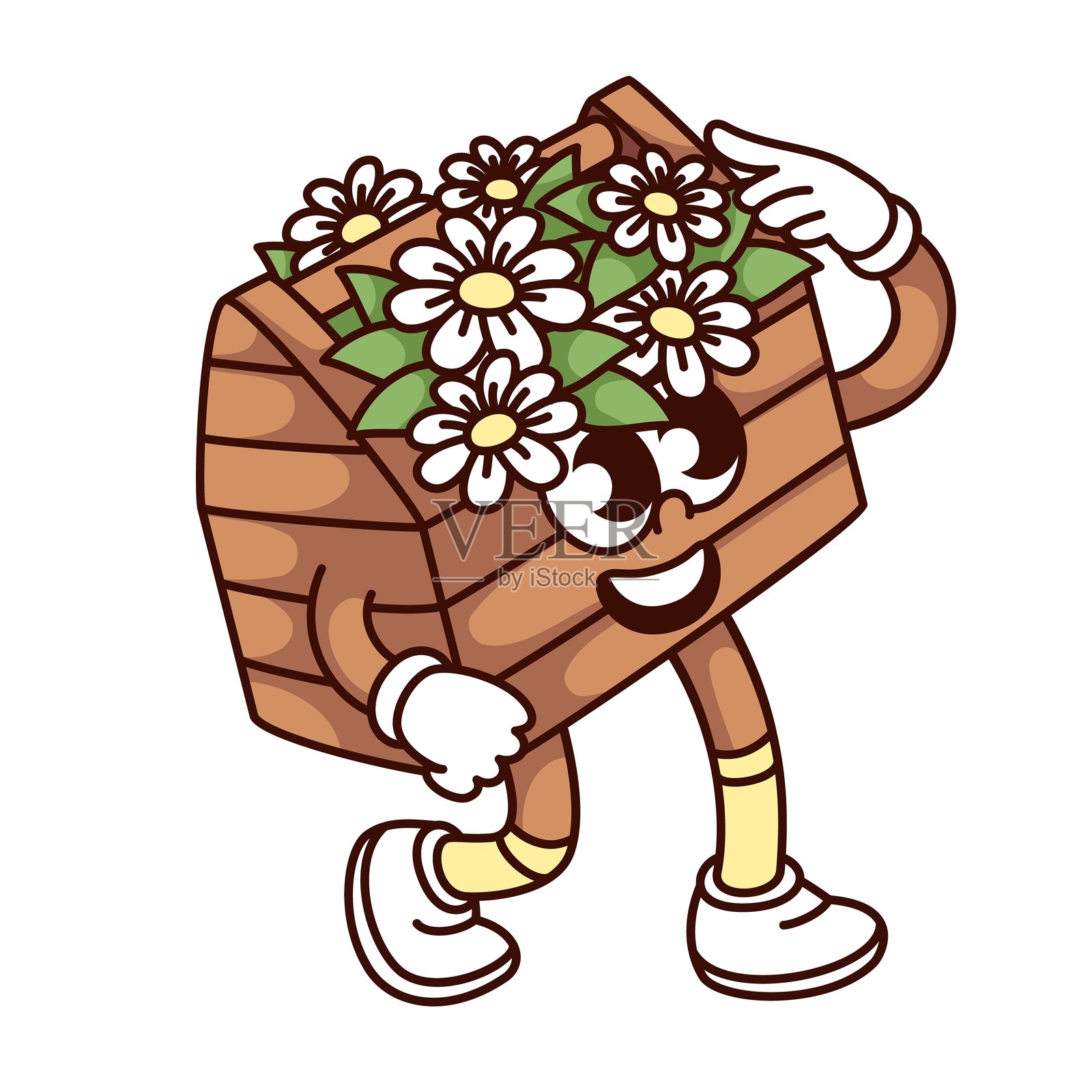 带着微笑的卡通角色走在花朵旁的时尚木箱插画图片素材