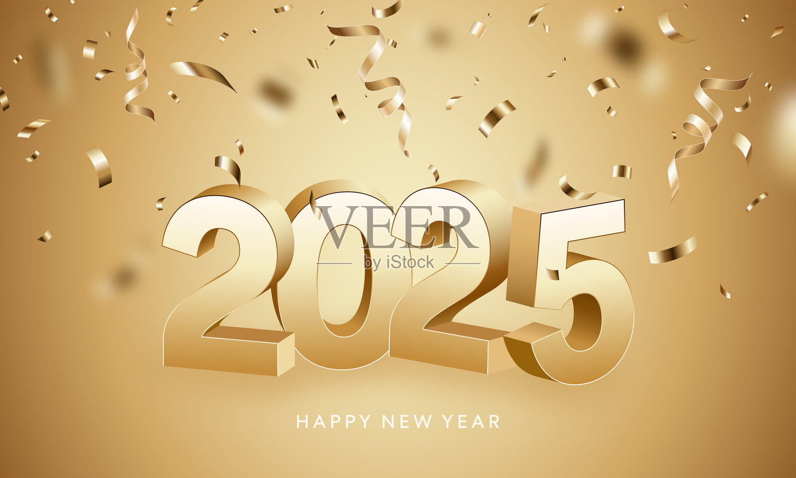 2025 立体数字，带金色五彩纸屑背景的新年贺卡插画图片素材