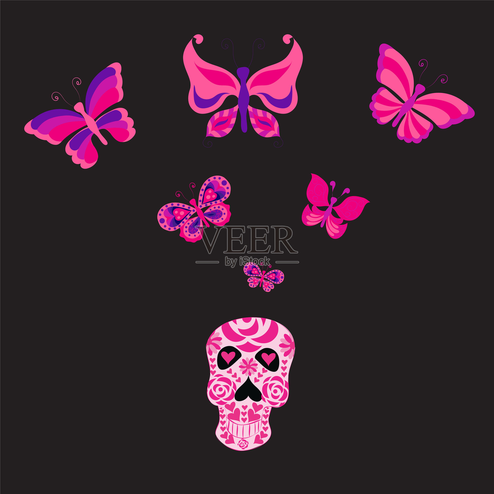 粉色骷髅上飞出蝴蝶。万圣节和墨西哥亡灵节的插图。插画图片素材