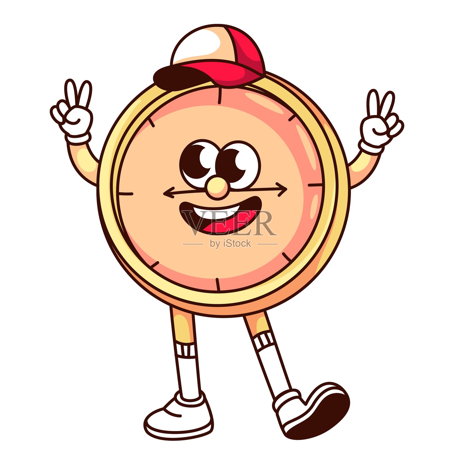 复古风格的卡通时钟角色，做出嬉皮士的和平手势插画图片素材