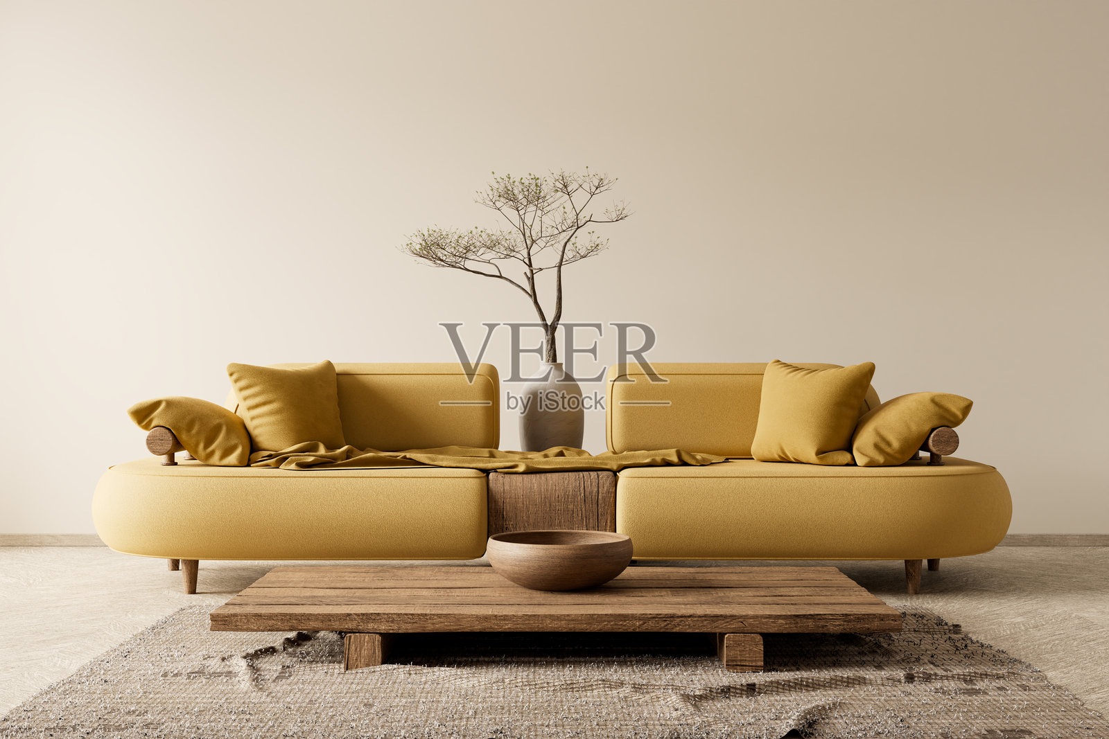 波西米亚风格装饰的空白墙面样板，现代轻盈的室内设计，配有木质家具的客厅。3D插图。照片摄影图片