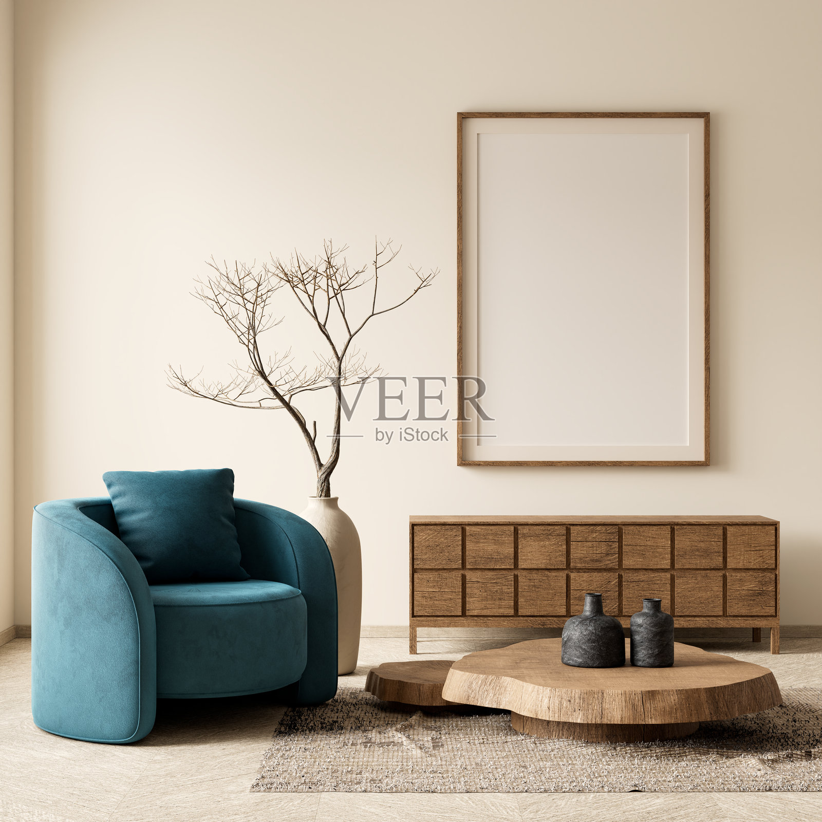 波西米亚风格装饰的海报框架模拟图，现代而真实的客厅室内设计，配有木质家具。3D插图。照片摄影图片