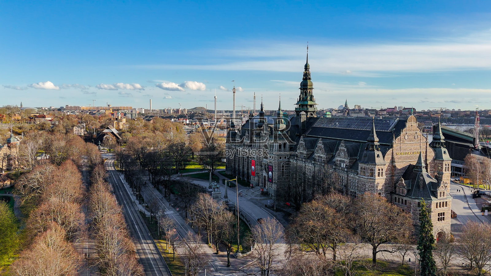 斯德哥尔摩北欧博物馆（Nordiska Museet）鸟瞰图，位于斯德哥尔摩的Djurgarden岛，瑞典热门旅游目的地鸟瞰图。照片摄影图片