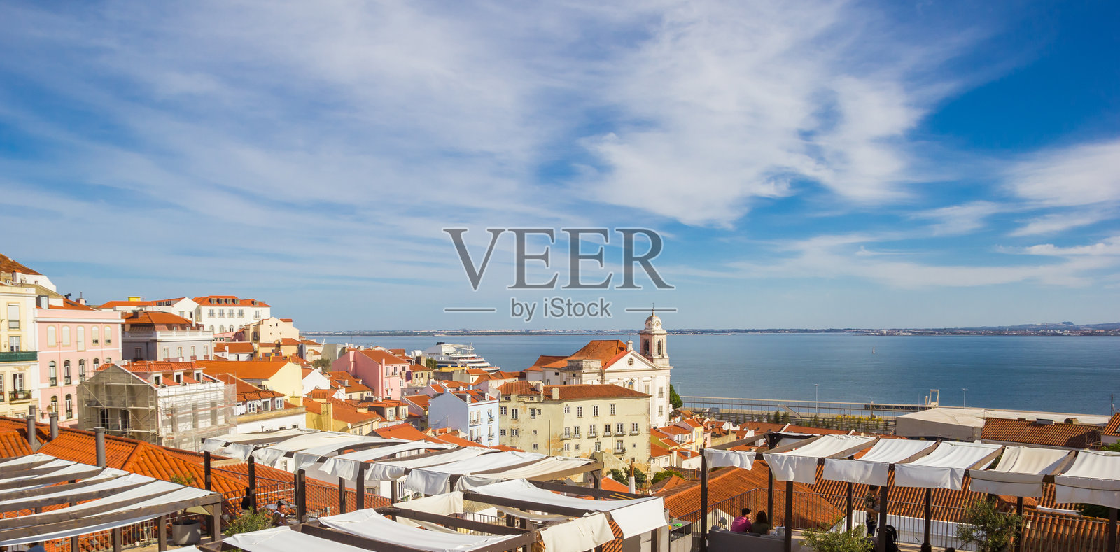 里斯本阿尔法玛区的房屋和教堂全景照片摄影图片