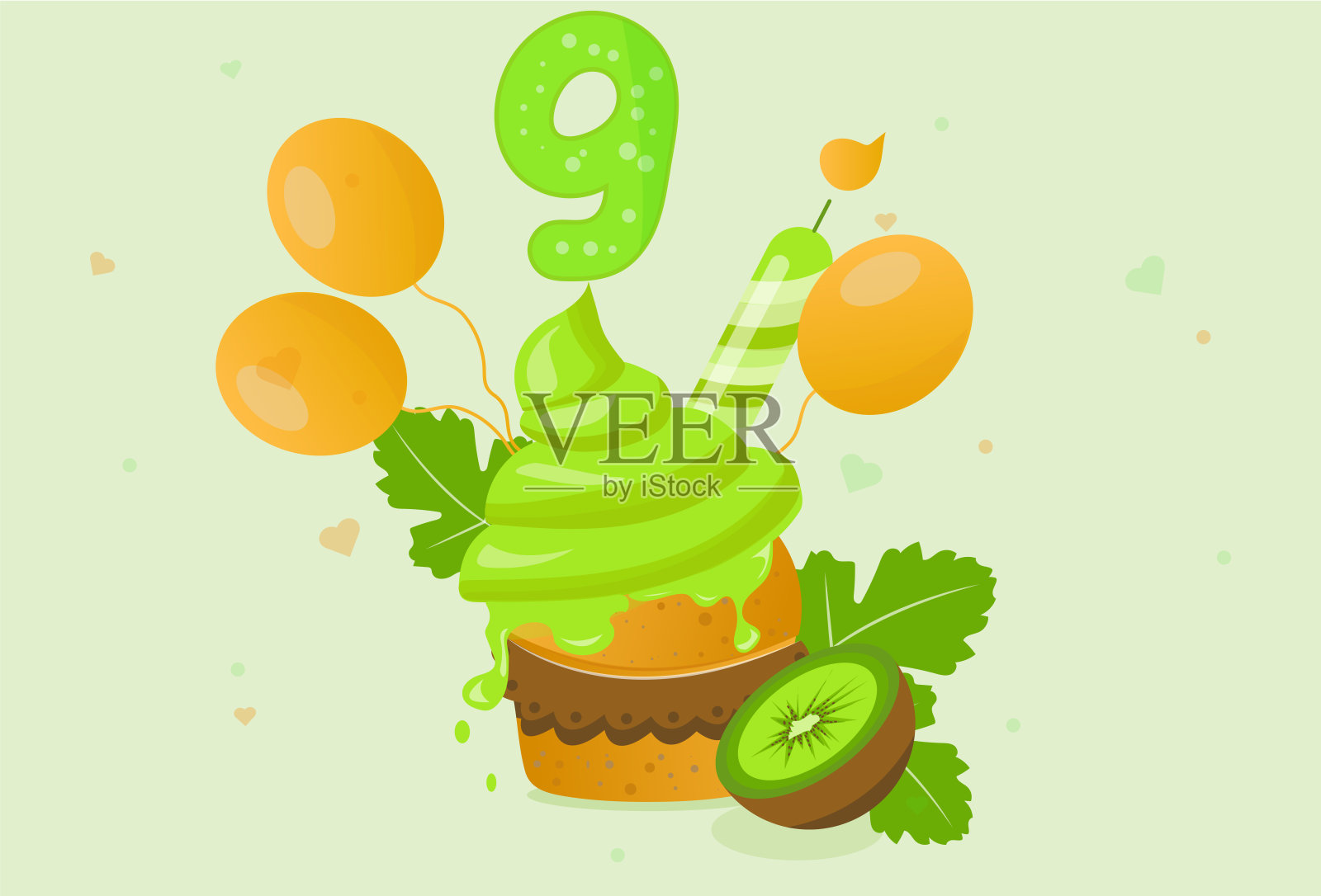 迷你生日杯子蛋糕，上面装饰有奇异果，适合九岁小朋友。插画图片素材