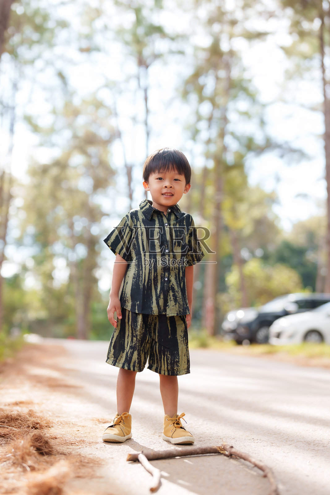 穿着图案服装的亚洲男孩站在公园小路上。自信的微笑，周围是树木和停放的汽车。展现童年自信、风格和探索的概念，阳光明媚的自然环境中。照片摄影图片