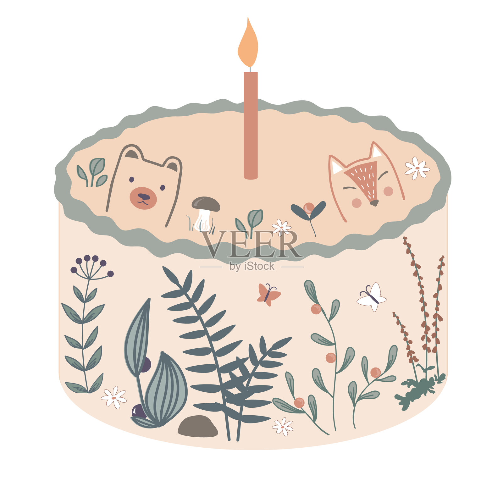 可爱的便当蛋糕装饰着森林植物、一根点燃的蜡烛和动物头部。生日快乐设计元素，中性色调。插画图片素材