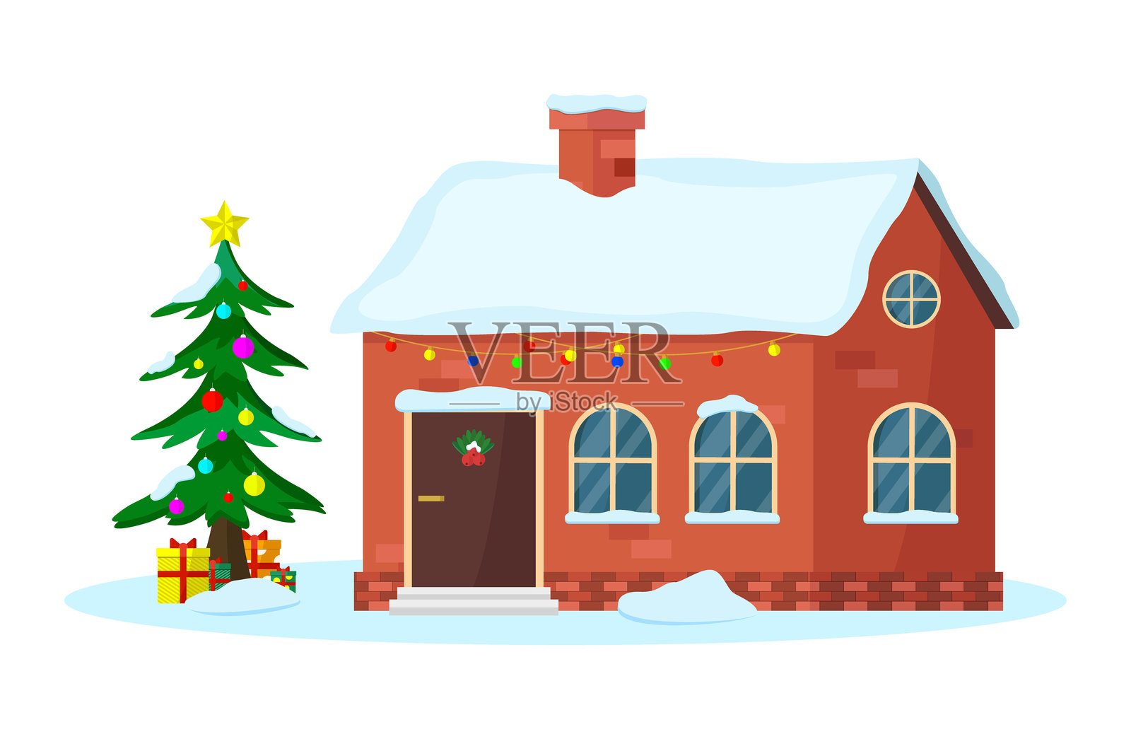 圣诞屋，配有圣诞树、礼品盒和雪。矢量插图。插画图片素材