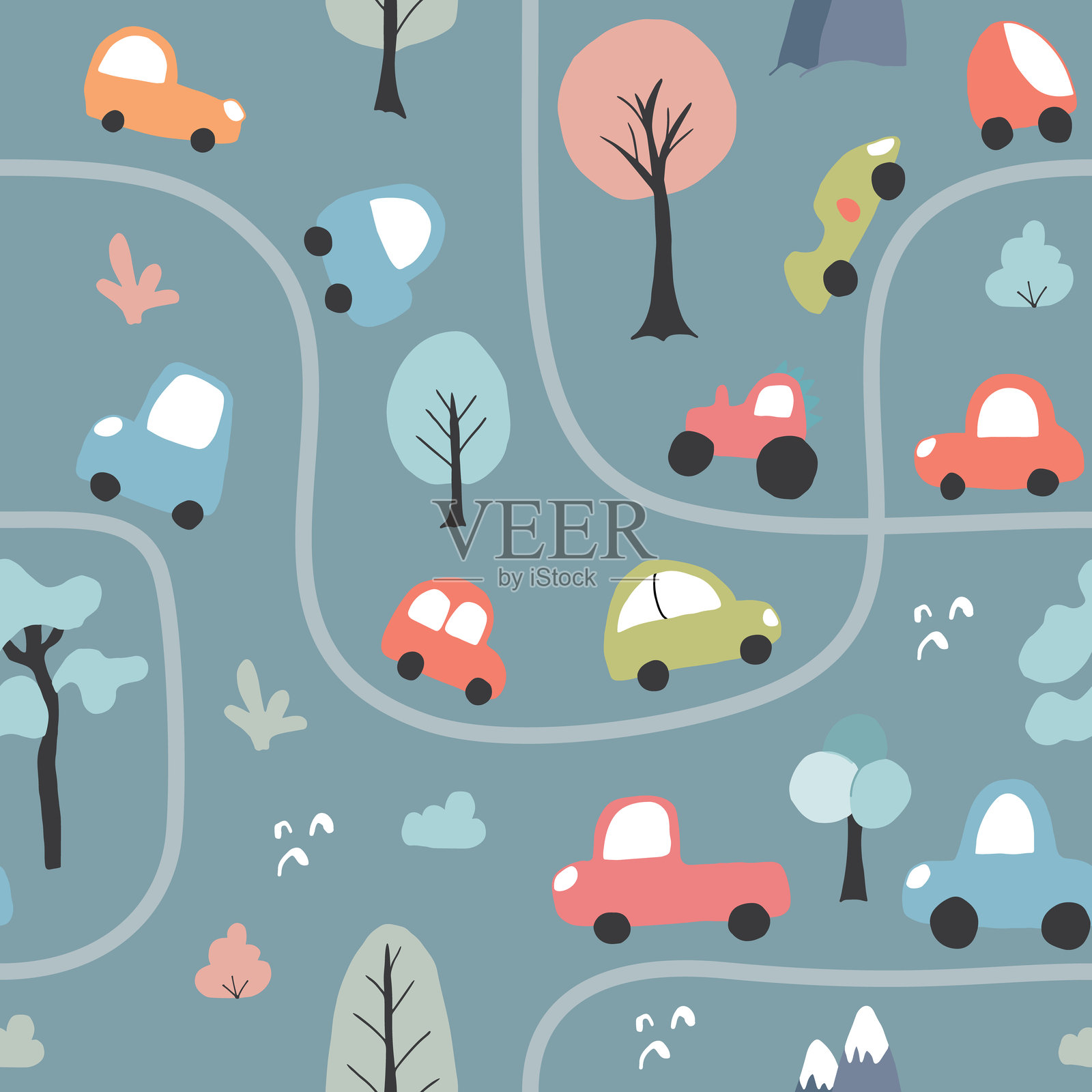 可爱汽车无缝图案，儿童卡通背景，矢量插图插画图片素材