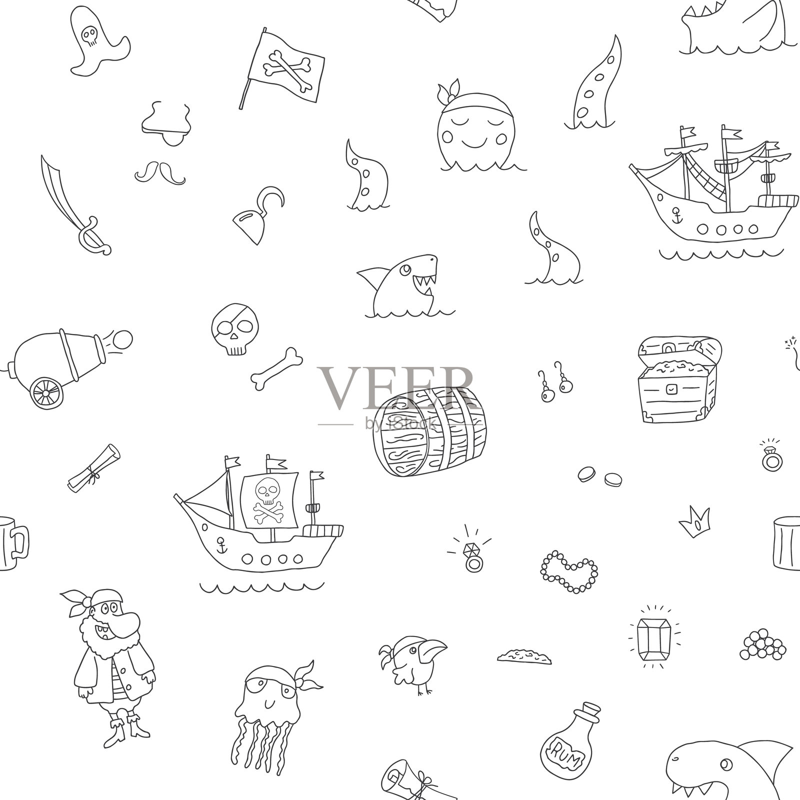 可爱的海盗元素无缝图案。卡通海盗及物品。背景。矢量插图。插画图片素材