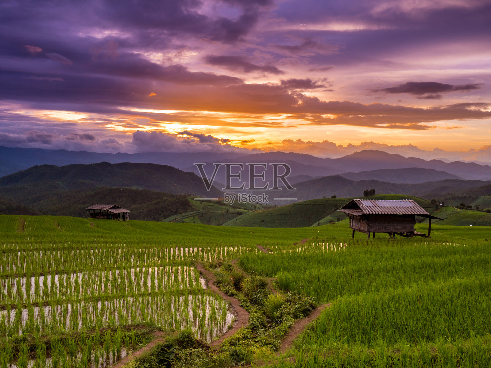 日落时分，天空映衬下的农业田园风光照片摄影图片