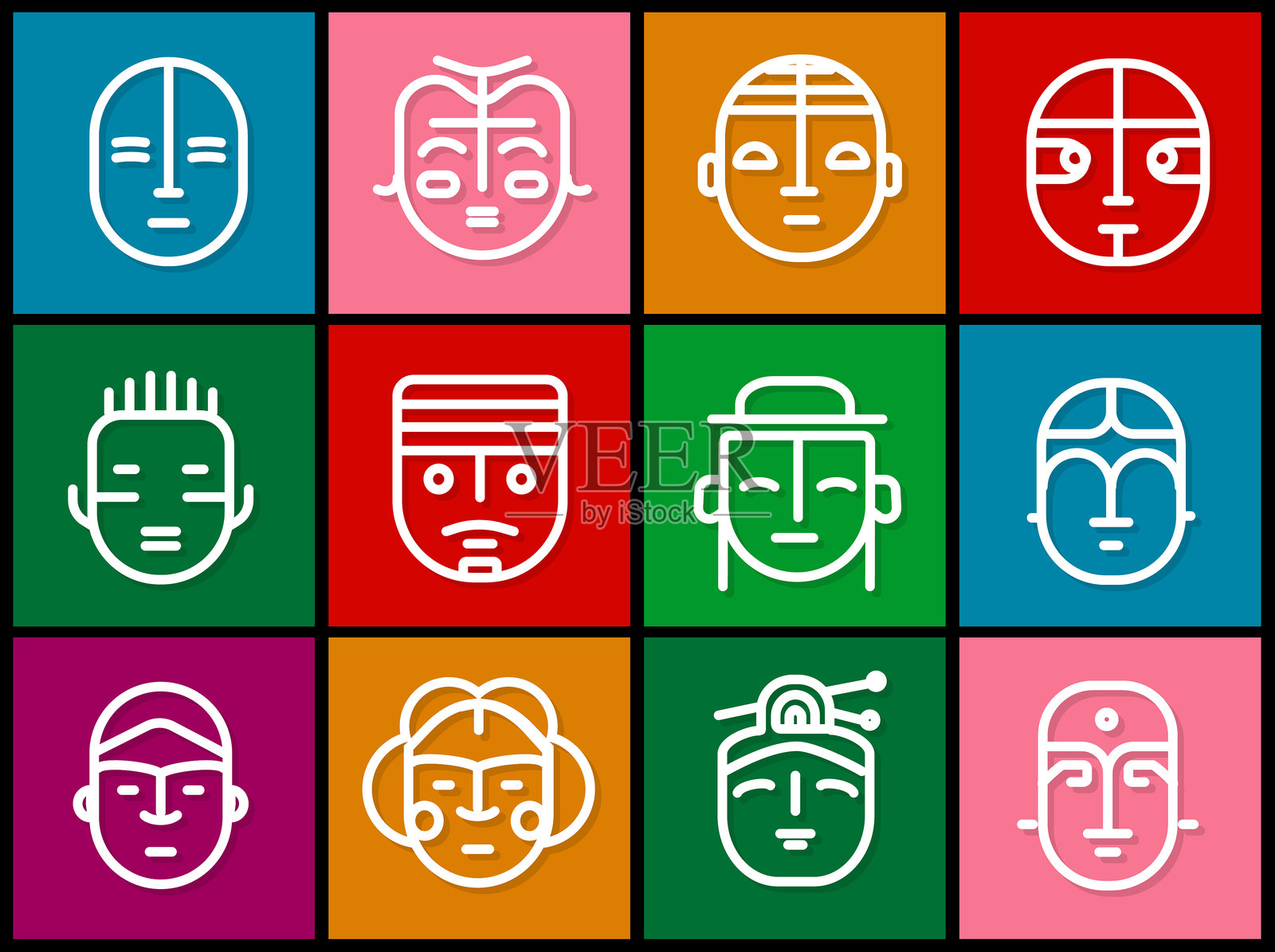 一组由简单几何形状构成的抽象极简头像。插画图片素材