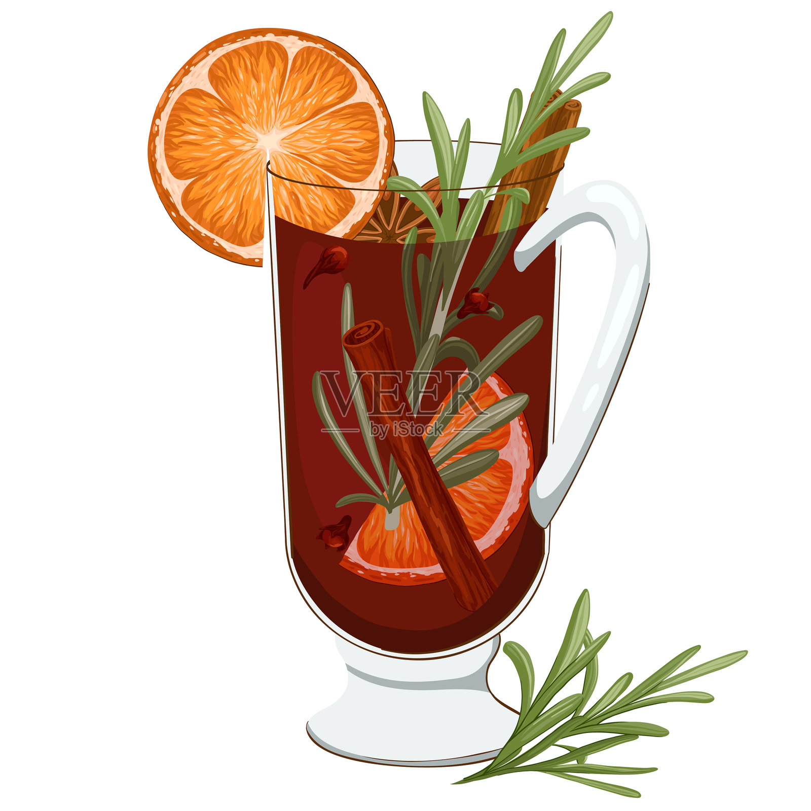 红酒、迷迭香、肉桂、八角和丁香的矢量图。热红酒组合。插画图片素材