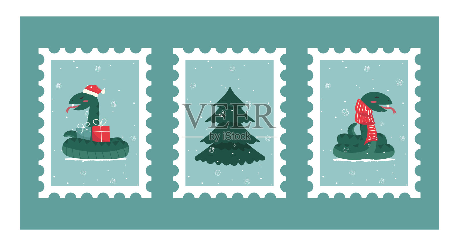 一套可爱的蛇、树、礼物和雪的新年邮票。圣诞贴纸。海报、贺卡。庆祝寒冷季节的雪花。假日冬季日子。时尚。插画图片素材
