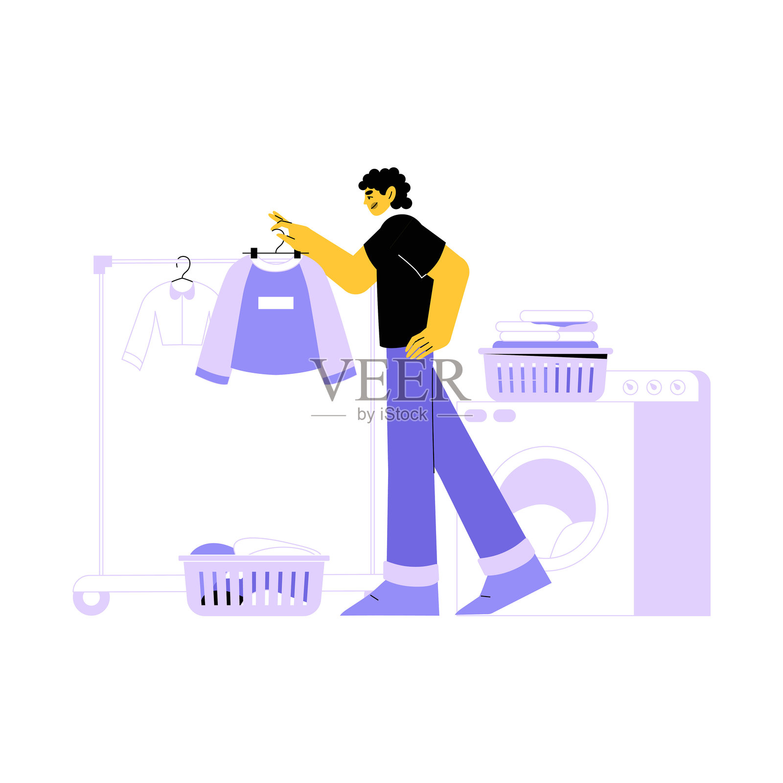 男性洗衣店工作人员整理衣物的扁平矢量插图，象征着洗衣服务、衣物清洗和家务劳动，背景为白色。插画图片素材