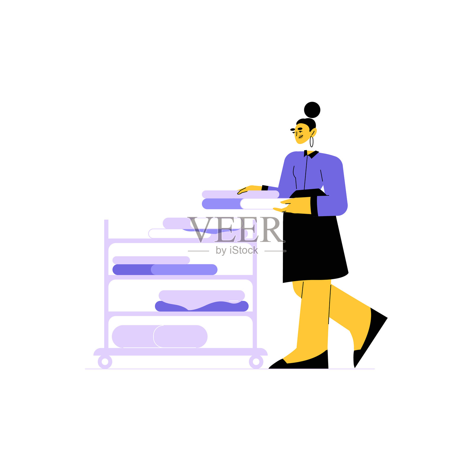 洗衣工在架子上整理折叠好的衣物，扁平化矢量插图，象征着洗衣服务、组织和工作效率，背景为白色。插画图片素材