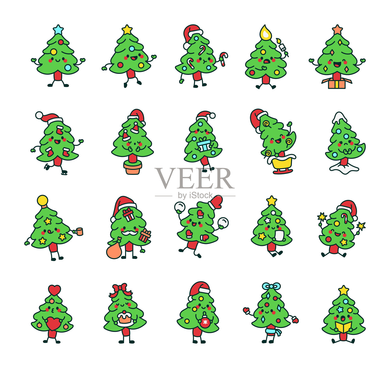可爱的卡通轮廓圣诞树系列，带有节日姿势和冬季假日物品插画图片素材