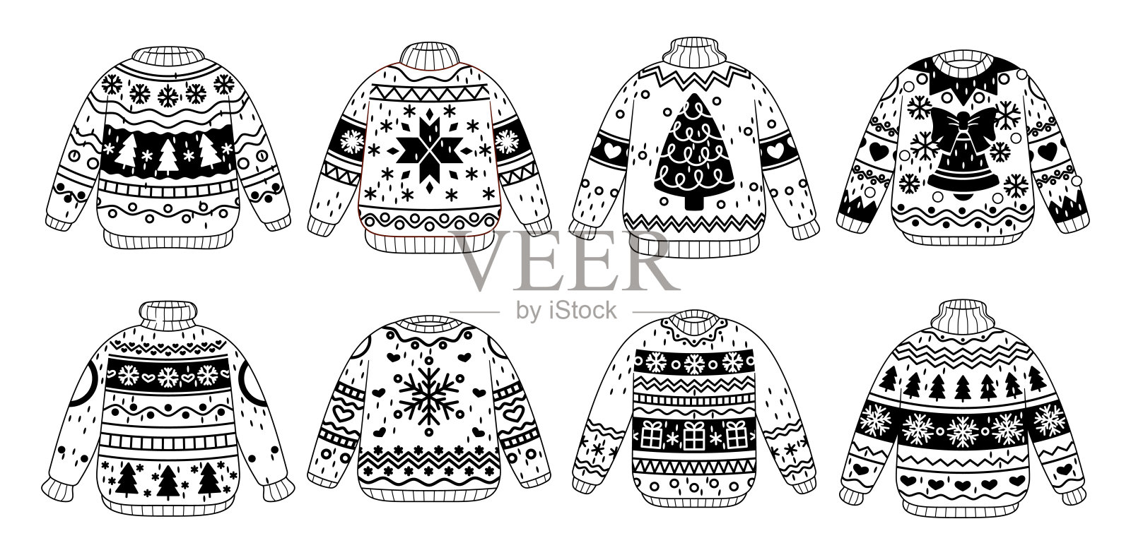 迷人的黑白矢量轮廓圣诞毛衣，展现多种节日设计，唤起季节的欢愉。插画图片素材