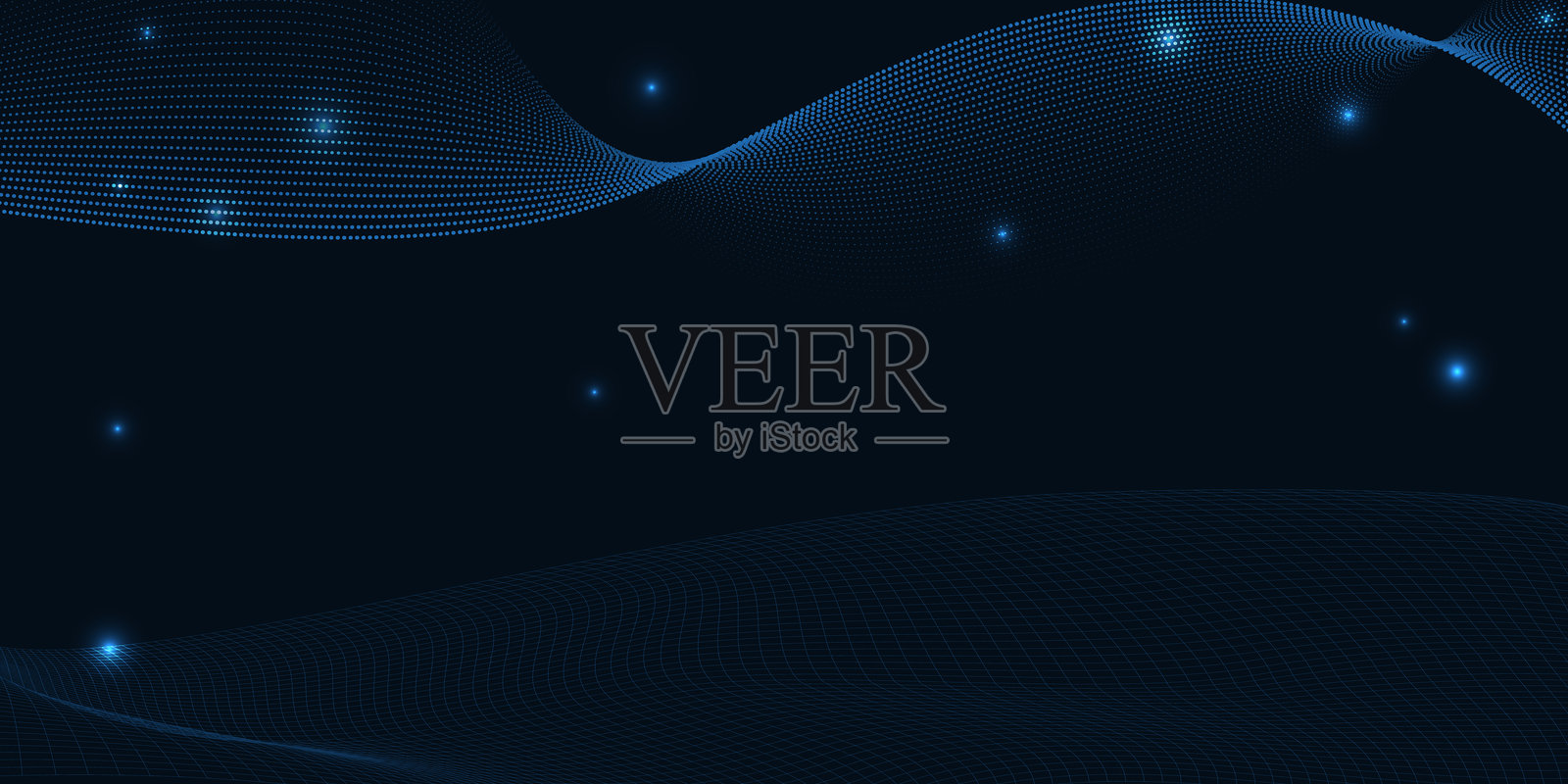 未来感的点波形矢量插图，包含发光点光源和数字网格图案的透视地面，展现数字技术和创新艺术作品。插画图片素材