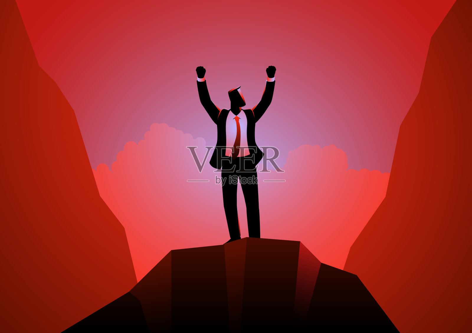 商人红色精神双臂高举岩石插画图片素材