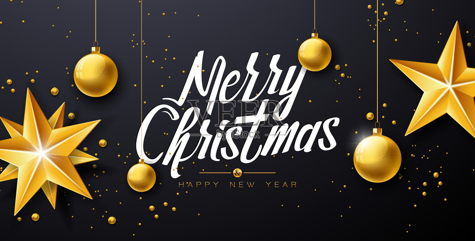 圣诞快乐和新年快乐插图，黑色背景上的金色玻璃球、星星和字母排版。适用于贺卡、派对传单、庆祝海报和社交媒体帖子的节日横幅设计。插画图片素材