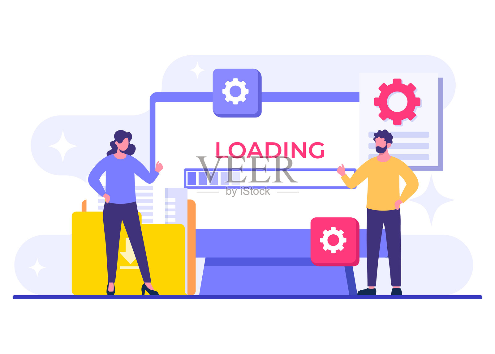 系统维护平面矢量插图，错误，修复故障，设备更新，软件系统维护中，设备上的软件升级过程，人们更新操作系统插画图片素材