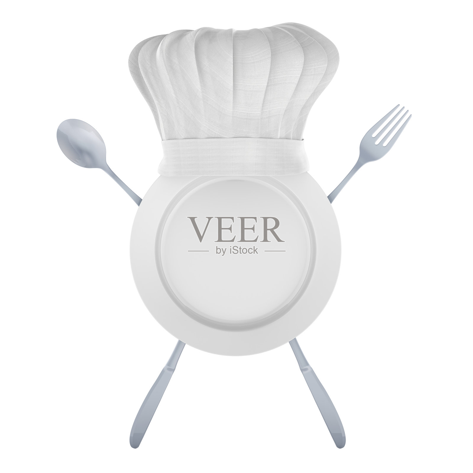 厨师帽与叉子、勺子、盘子和刀具的3D渲染图。照片摄影图片