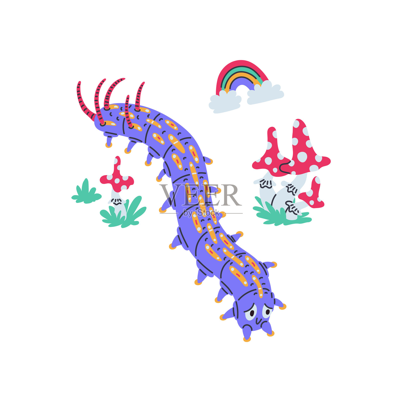 一只悲伤的紫色毛毛虫在苍蝇伞和彩虹之间爬行的矢量插图。插画图片素材