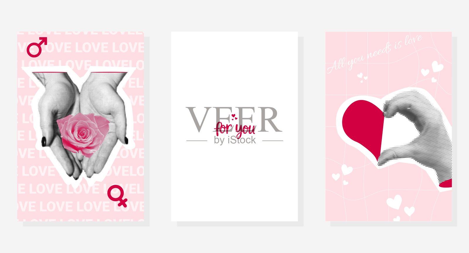 情人节拼贴风格的海报集，手部采用半色调设计。女性手握半色调玫瑰和心形图案。矢量插图采用剪纸风格。插画图片素材