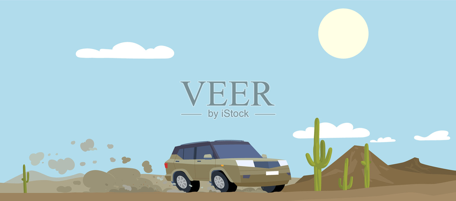 沙漠中尘土飞扬的泥土路上行驶的SUV矢量插图。插画图片素材