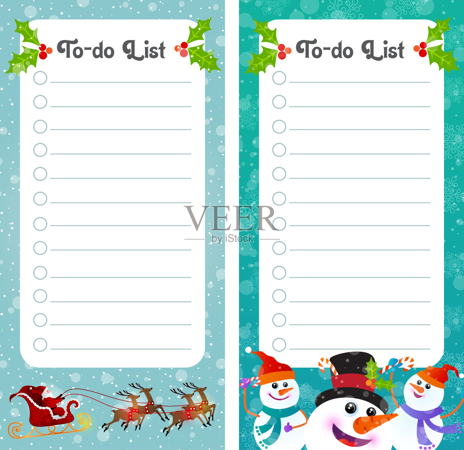 圣诞节待办事项清单，配有圣诞老人驾驭雪橇和雪人的矢量插图插画图片素材