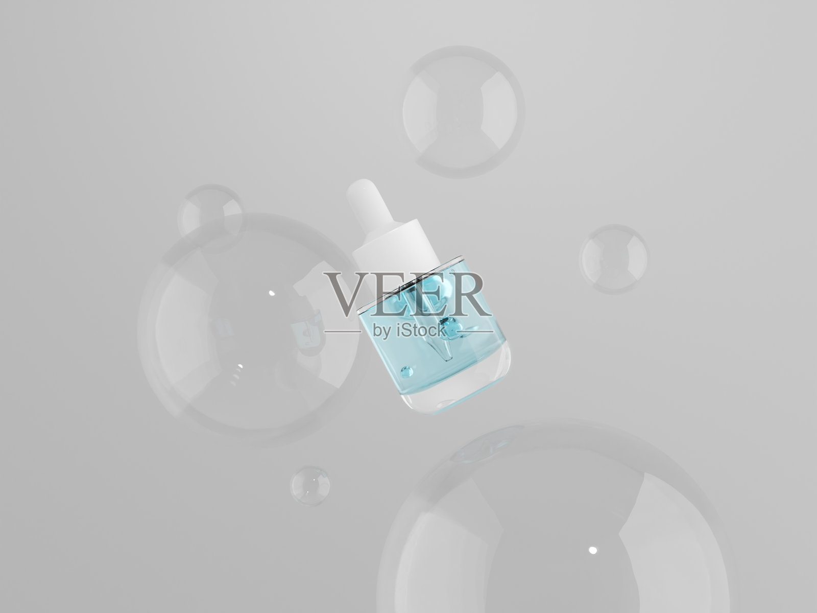 可爱的圆柱形面部精华瓶模型，单个滴管盖和厚玻璃瓶在空中漂浮，周围有气泡，小型液体护肤包装模型，时尚的液体化妆品容器照片摄影图片
