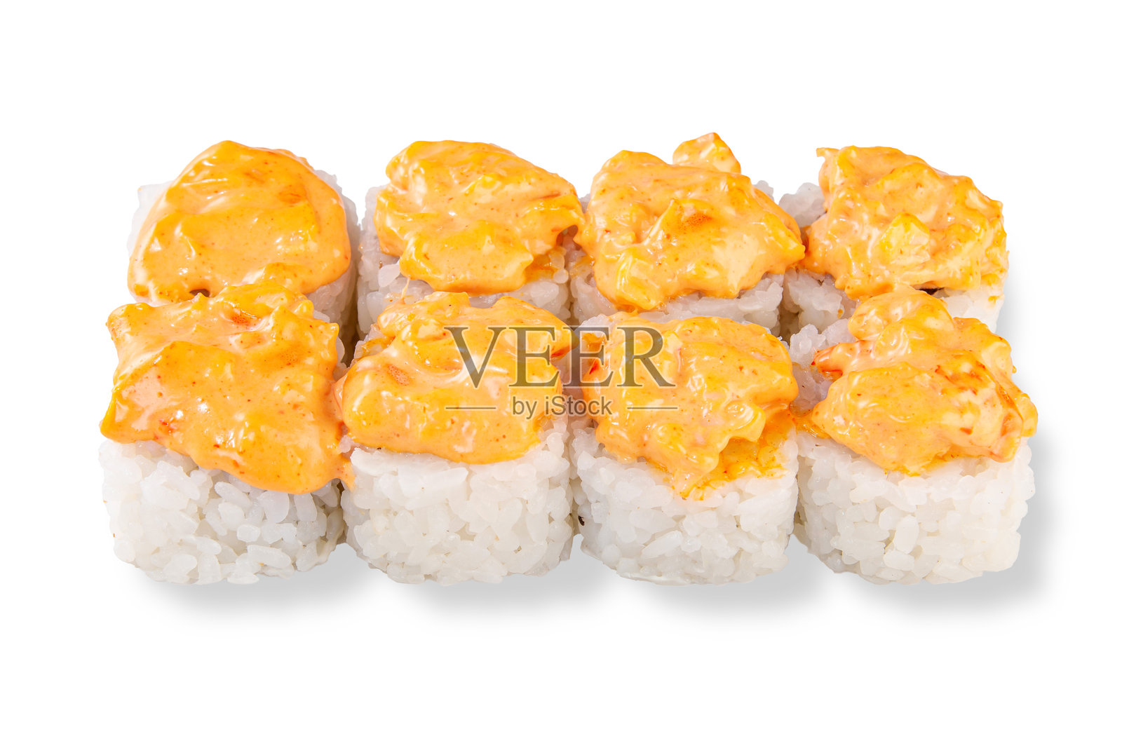 白色背景上的烤寿司卷照片摄影图片