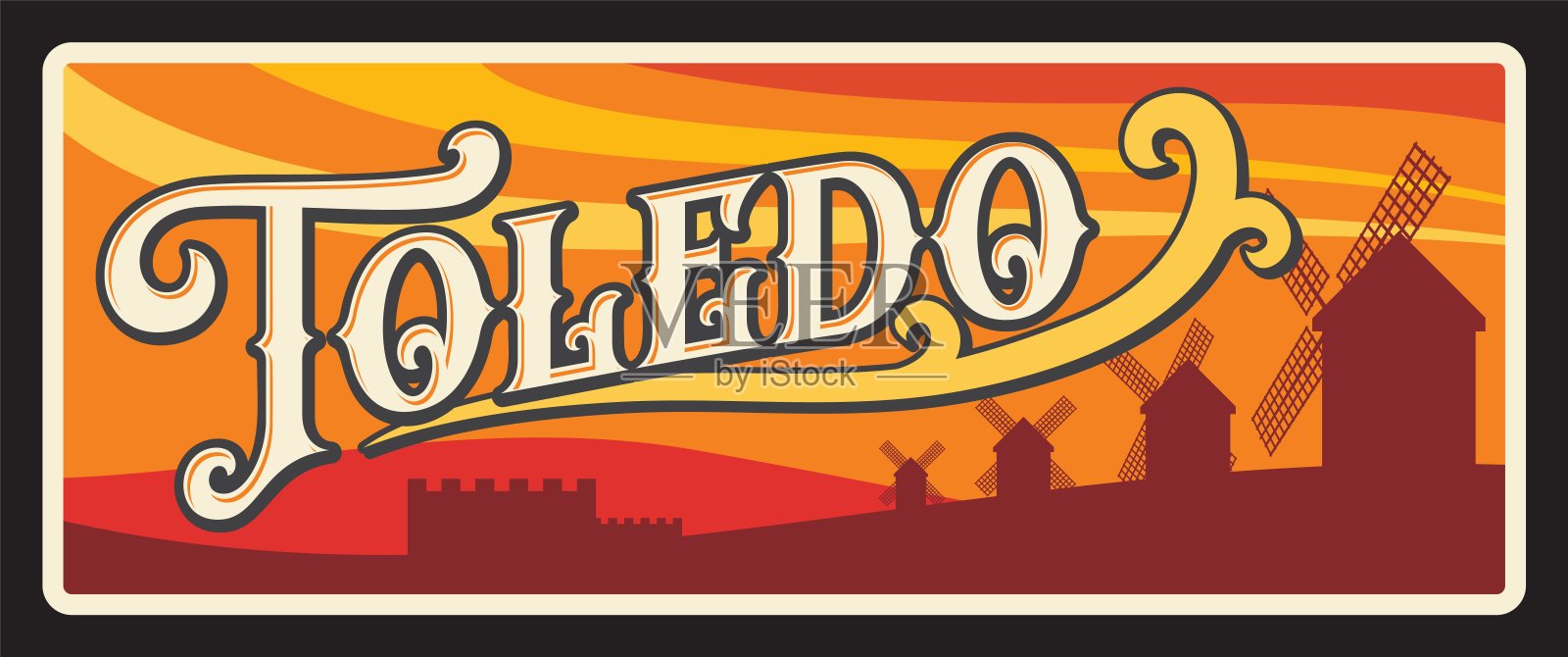 托莱多西班牙省复古旅行牌照插画图片素材