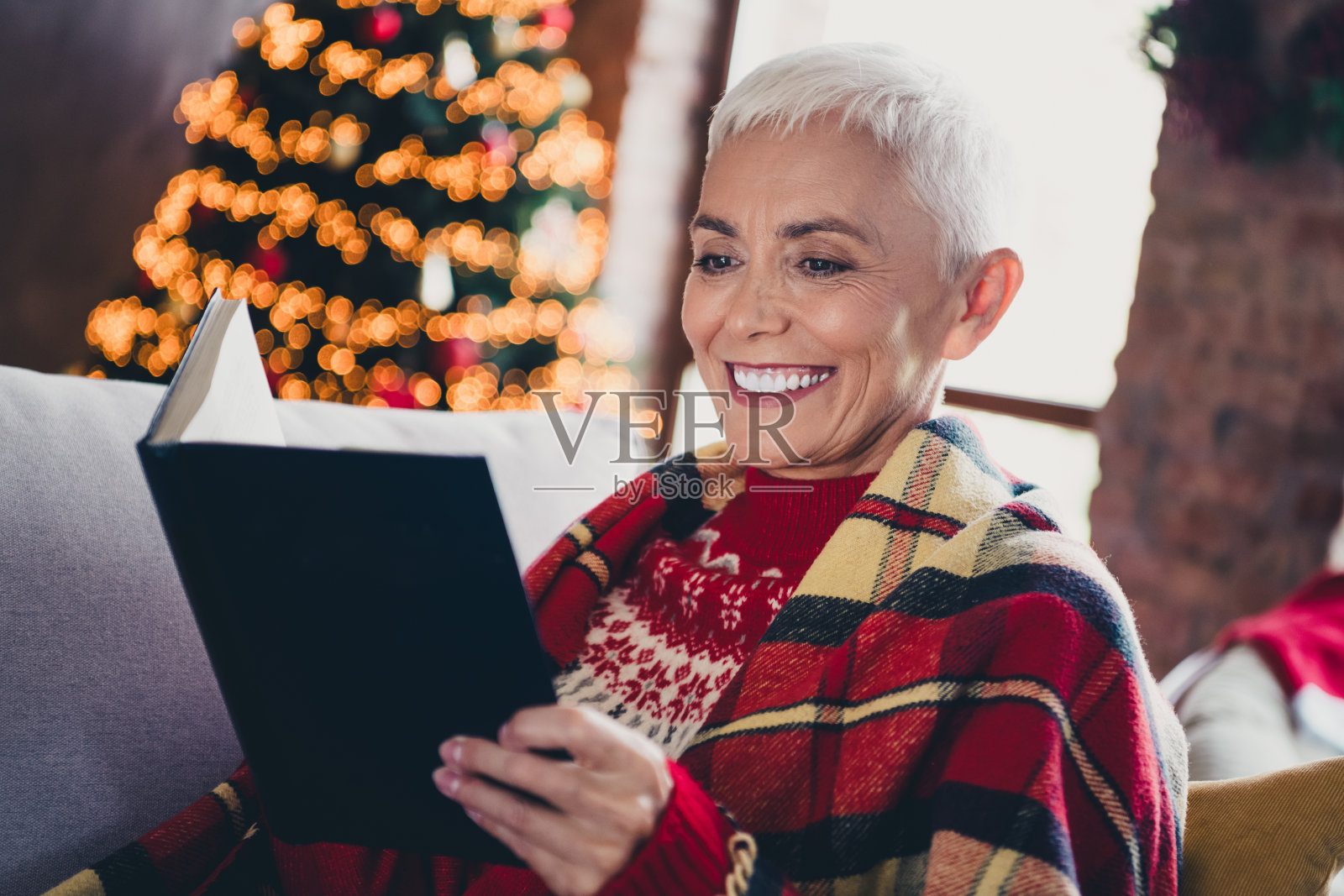 漂亮的老年女士坐在沙发上穿着毛衣阅读书籍，享受新年和圣诞节的室内时光。照片摄影图片