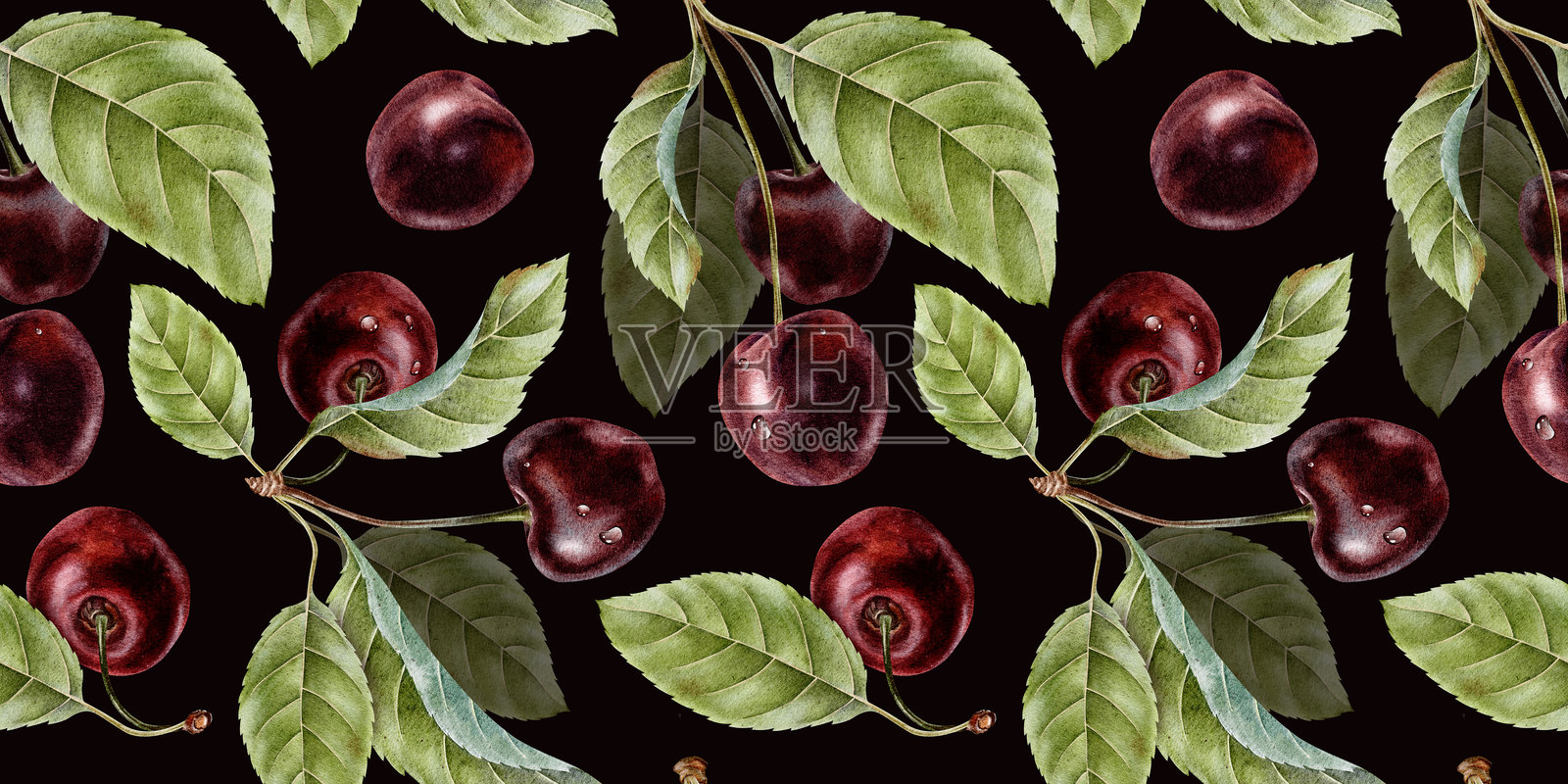 甜樱桃果实，带水滴和叶子。红色成熟多汁的樱桃浆果。深色背景上的水彩无缝图案，适用于商品包装、化妆品和纺织品。照片摄影图片