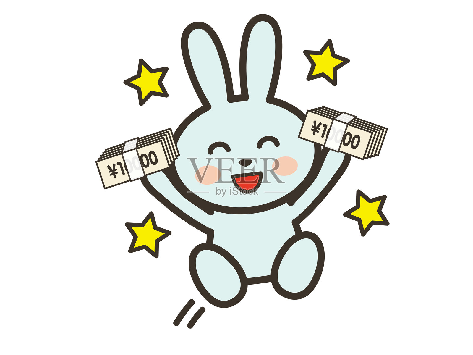 一只可爱的小兔子手里拿着一大笔钱，兴奋地跳跃。插画图片素材