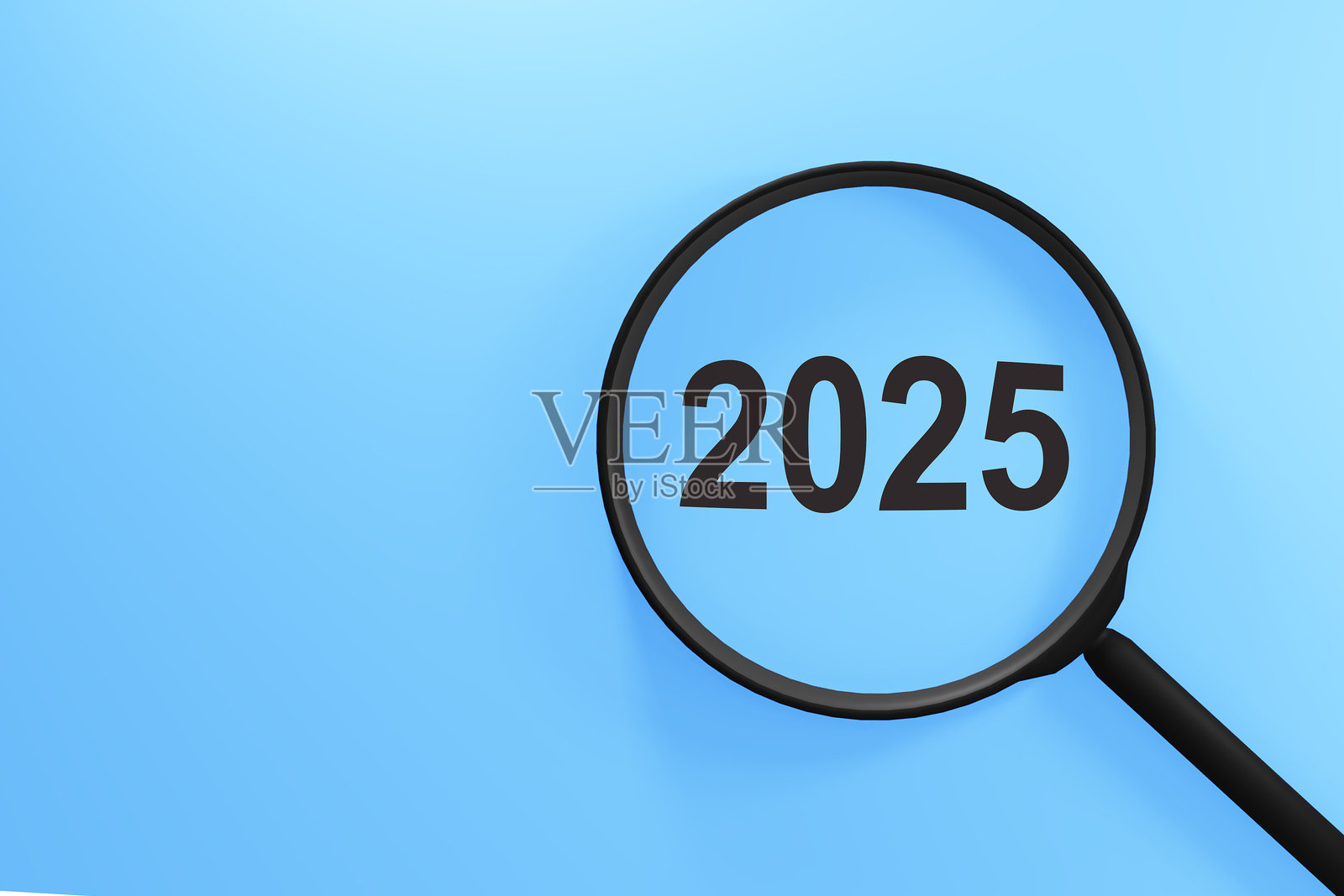 在浅蓝色背景上用放大镜探索2025年新年庆祝概念照片摄影图片