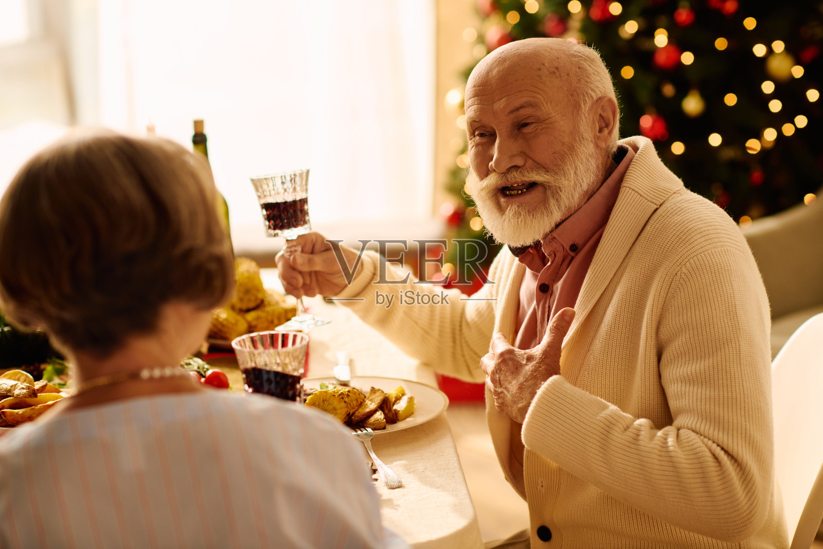 一对恩爱老年夫妇在温馨的家中欢快地庆祝圣诞节，享用丰盛的盛宴照片摄影图片