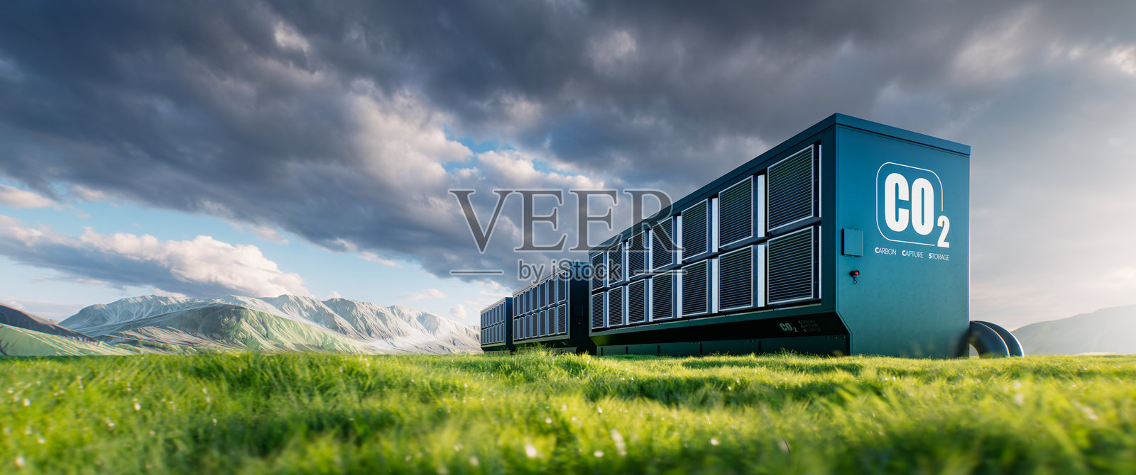 现代碳捕集装置的3D渲染图，展示了旨在减少二氧化碳和应对气候变化的环保技术。照片摄影图片