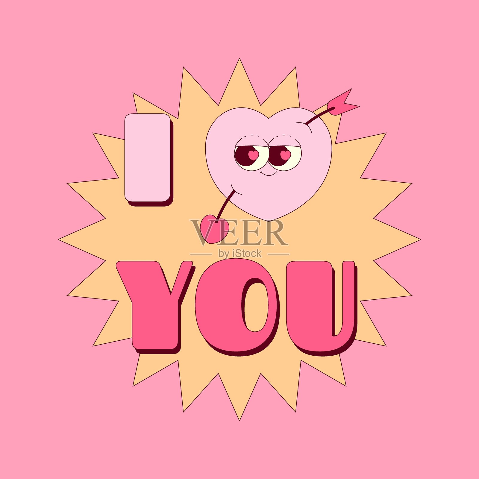 情人节快乐海报，带有“我爱你”的文字和可爱的心形表情以及丘比特的箭。时尚复古风格，粉色和黄色。矢量插图。插画图片素材