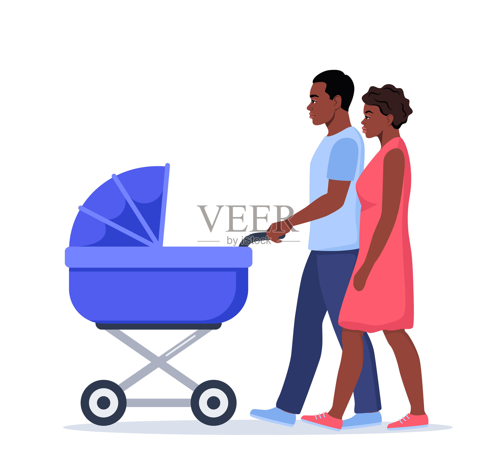 年轻的非裔美国父母推着婴儿车散步。快乐的家庭一起享受乐趣，婴儿在车里，父母和儿子或女儿。矢量插图。插画图片素材