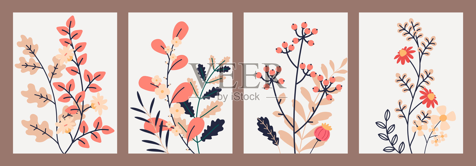 柔和的粉彩花卉贺卡。优雅的手绘植物插图，温暖的色调和细腻的叶子。插画图片素材