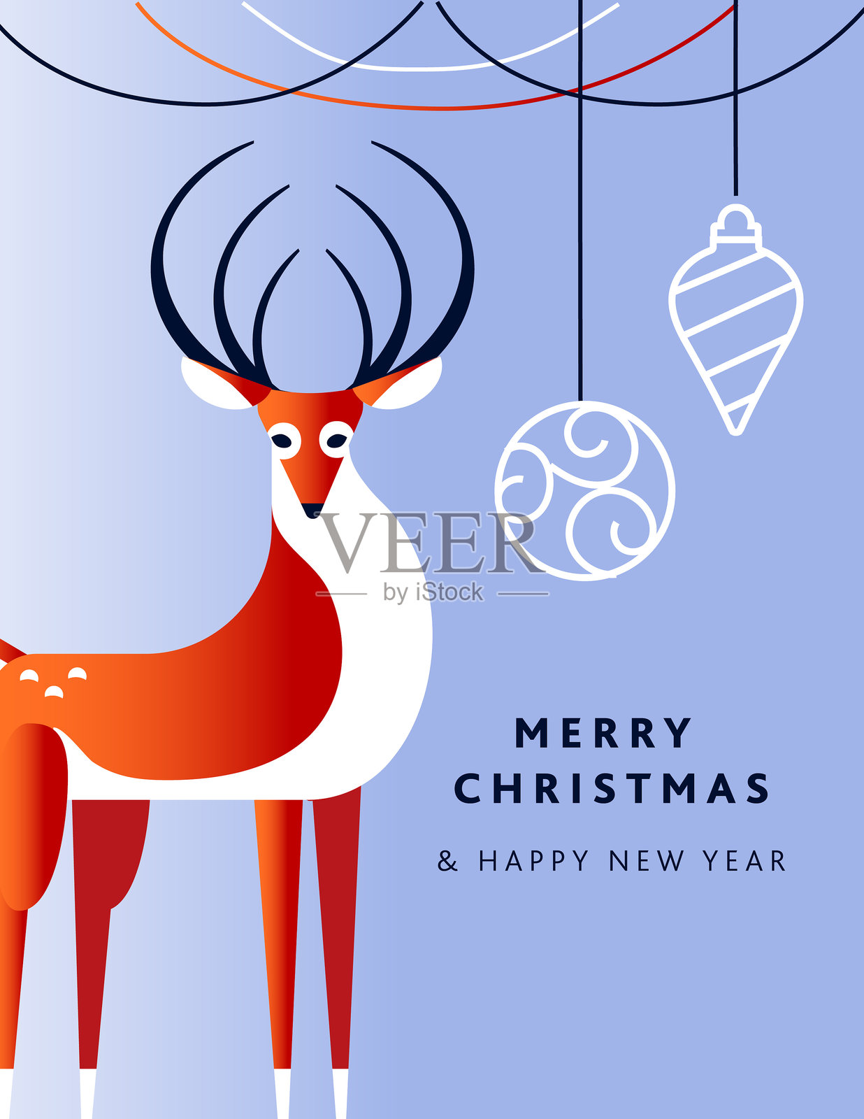 圣诞快乐和新年快乐的节日问候设计模板，配有节日树枝和装饰性的红鹿插画图片素材