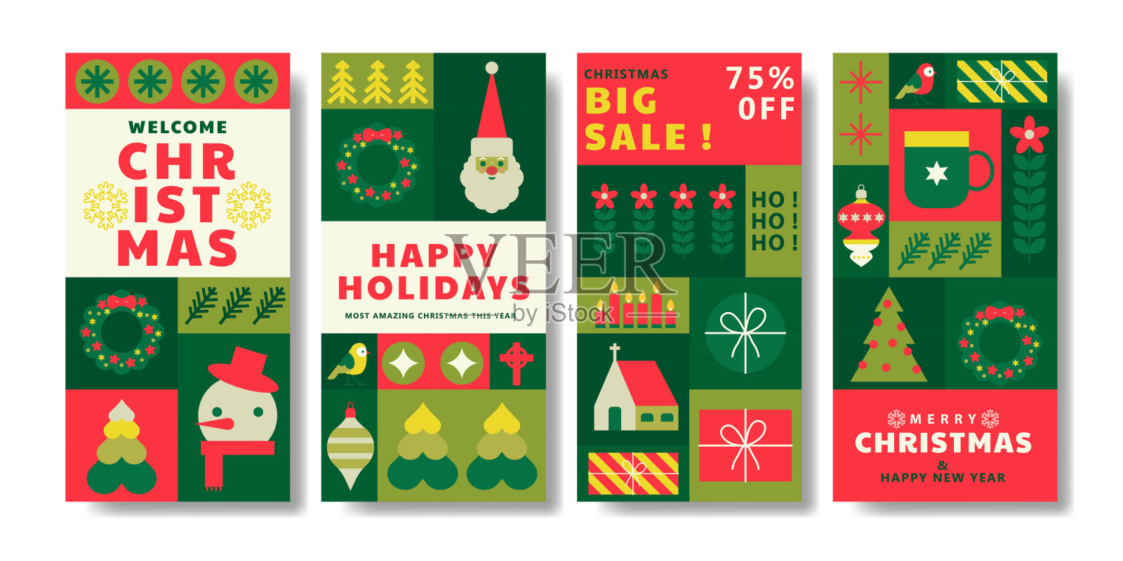 现代极简几何风格的圣诞快乐与新年快乐横幅合集插画图片素材