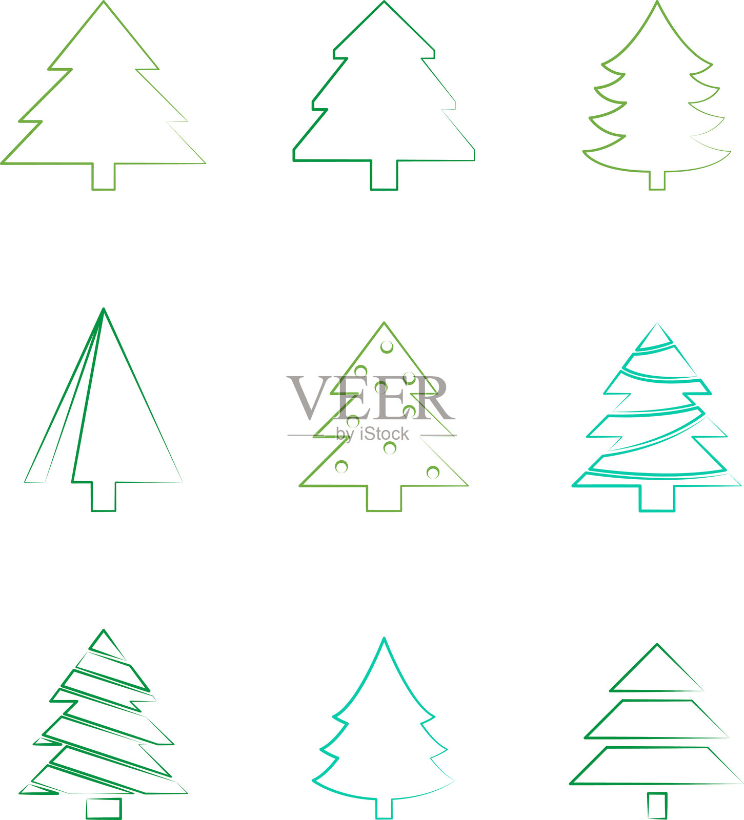 圣诞树线条图标矢量图。带星星的绿色圣诞树插图。圣诞树矢量插图，树的矢量艺术，圣诞树轮廓，圣诞节矢量图标。插画图片素材