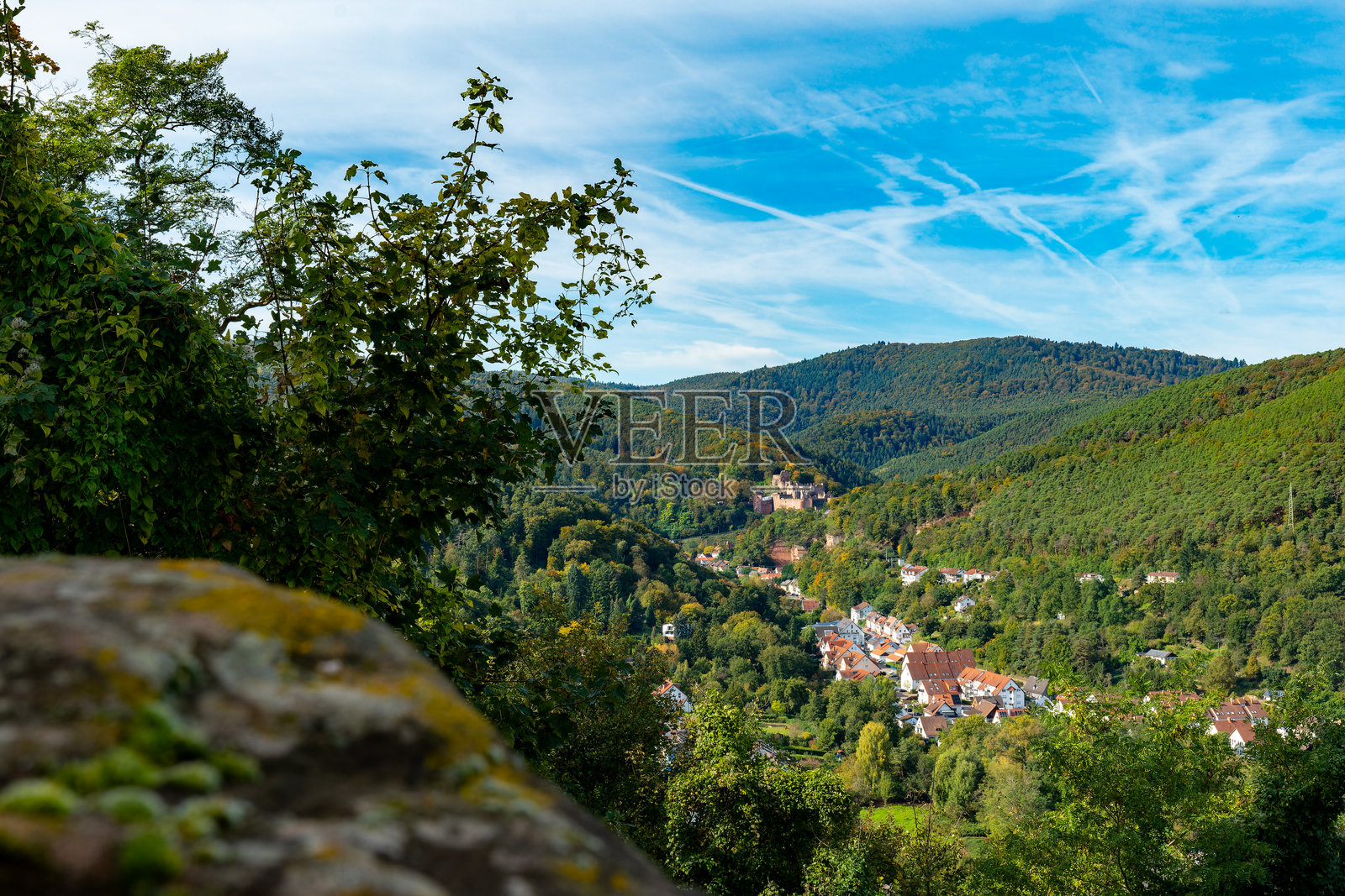 一个小镇的全景，坐落在山谷中，四周环绕着郁郁葱葱的绿色山丘和蓝天。照片摄影图片