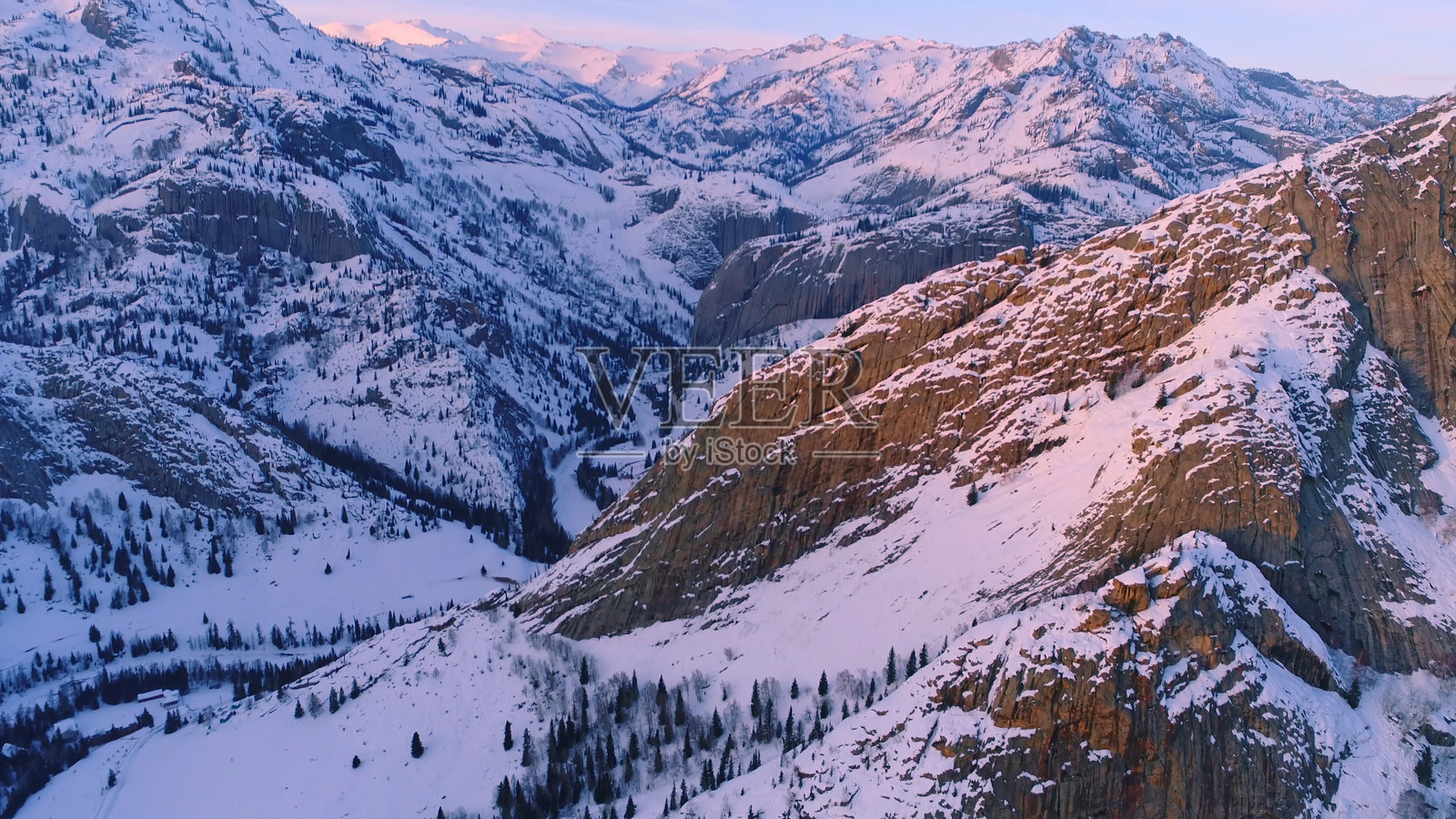雪山，冬季雪景中的针叶林，新疆，中国，亚洲。照片摄影图片